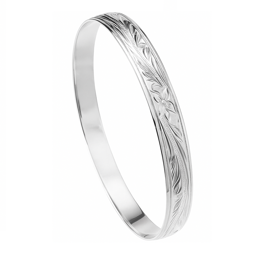 925 Sterling Silver 8mm Hawaiian Heirloom Smooth Scroll Plumeria Flower Bangle