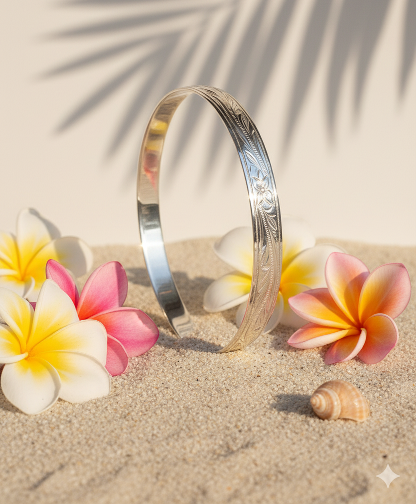 925 Sterling Silver 8mm Hawaiian Heirloom Smooth Scroll Plumeria Flower Bangle