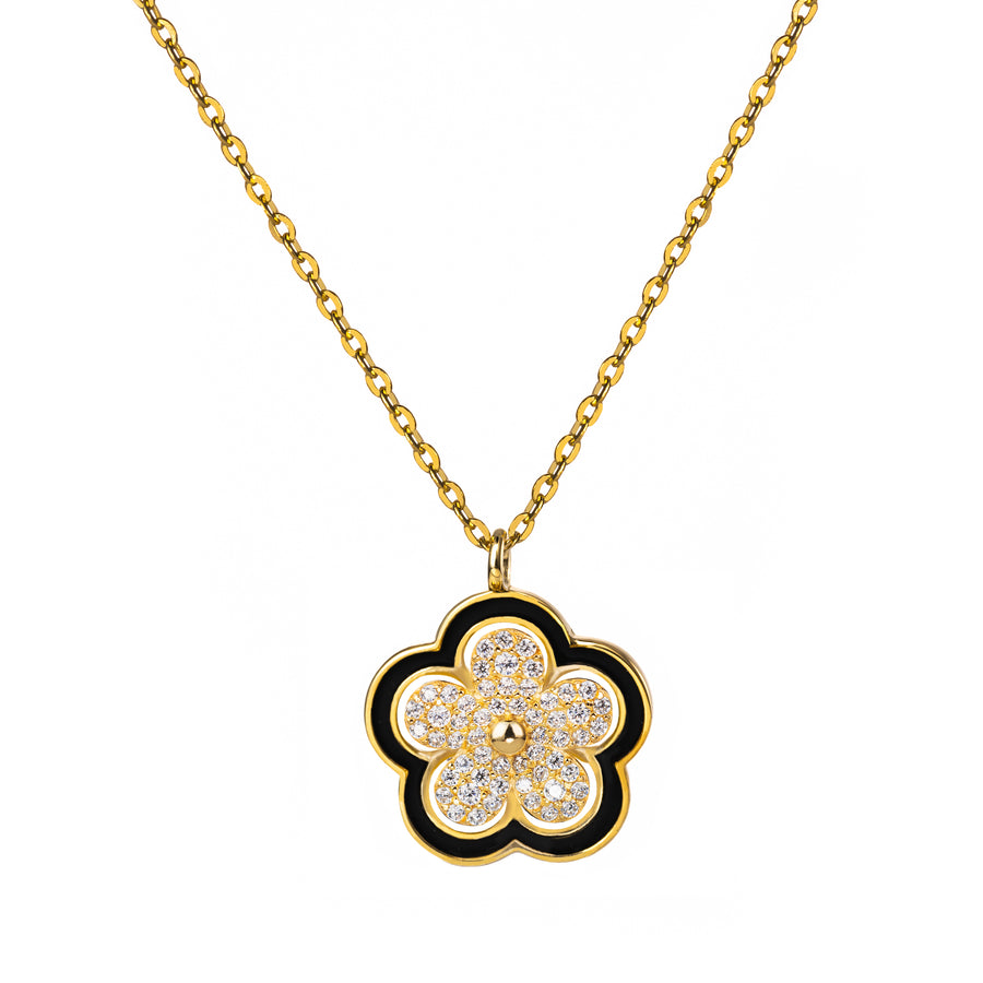 14K Gold Plated 925 Sterling Silver Spinning Plumeria Cross Pendant with Cubic Zirconia