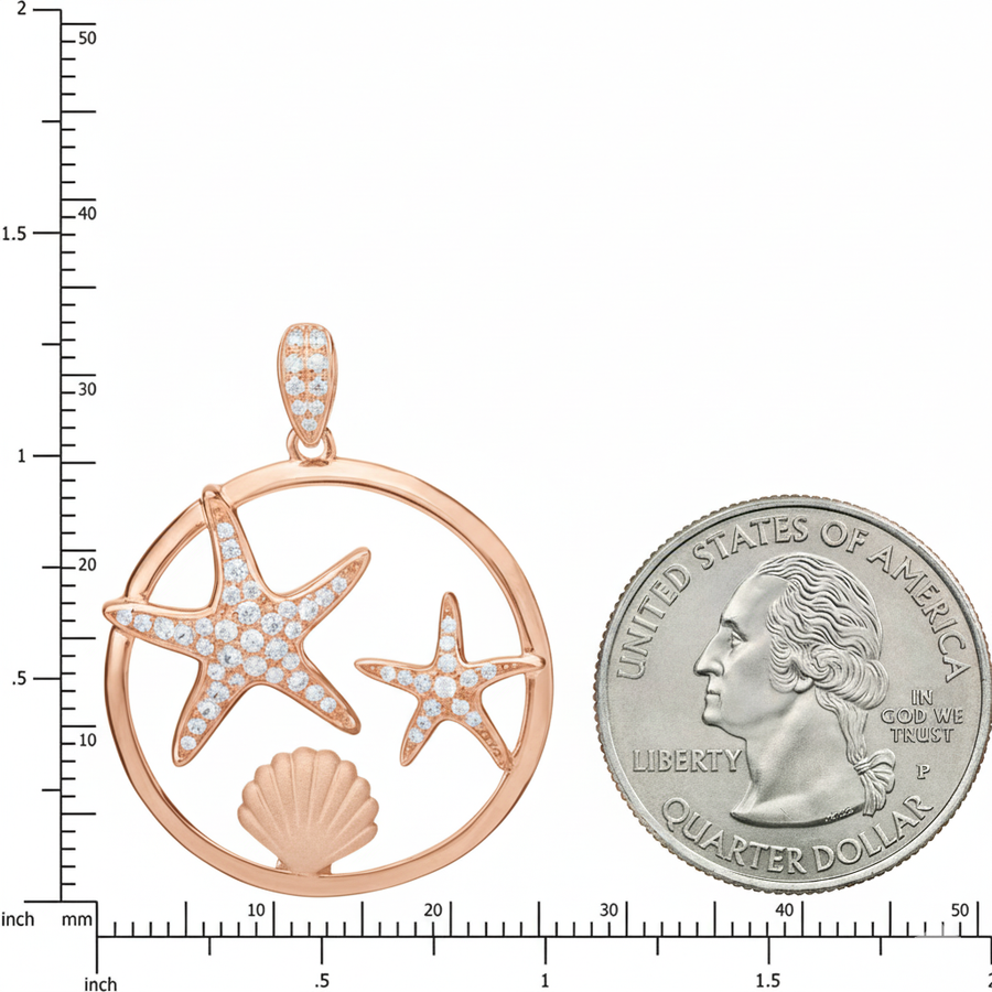 925 Sterling Silver 14K Gold Plated Pave CZ Starfish & Sunrise Shell Pendant (Rose-Gold)