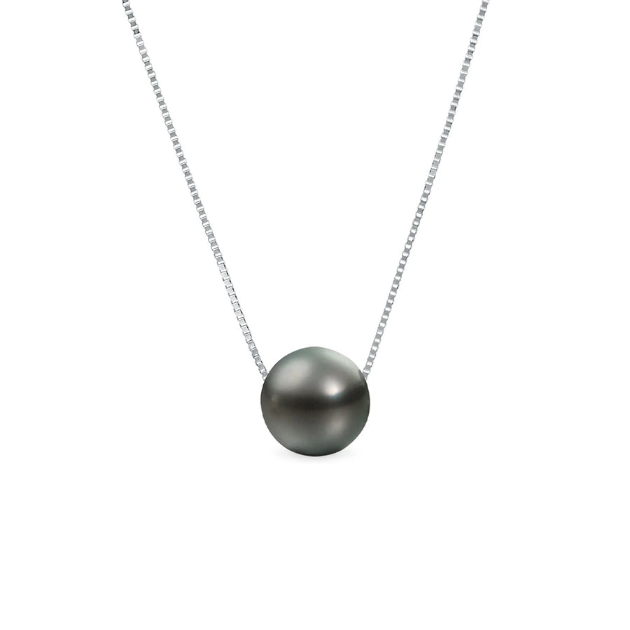 14K Solid White Gold Genuine Floating AAAA Tahitian Black Pearl Necklace 16"+2" Extender Box Chain