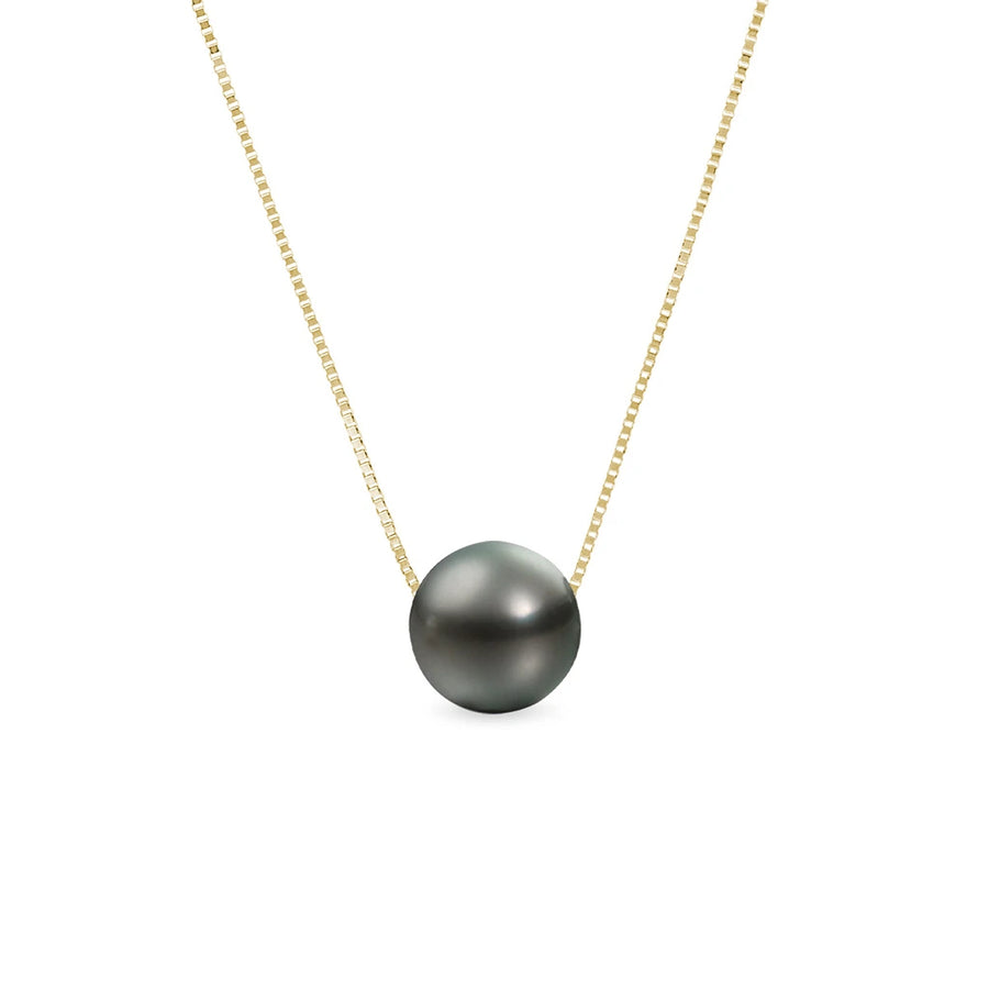 14K Solid Yellow Gold Genuine Floating AAAA Tahitian Black Pearl Necklace 16"+2" Extender Box Chain