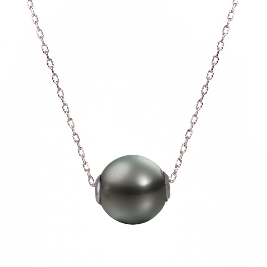 Sterling Silver Genuine Floating Tahitian Black Pearl Necklace 16"+2" Extender