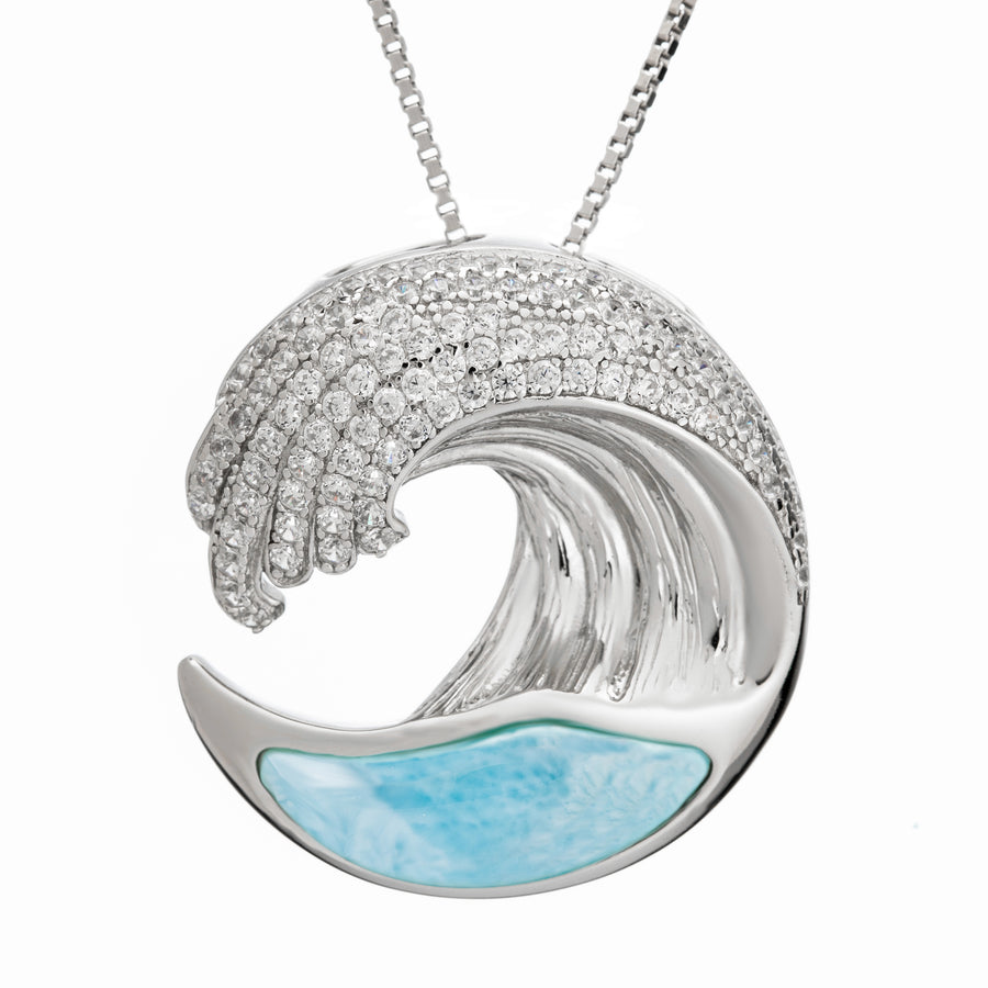 Sterling Silver Natural Larimar Wave Pendant with Cubic Zirconia