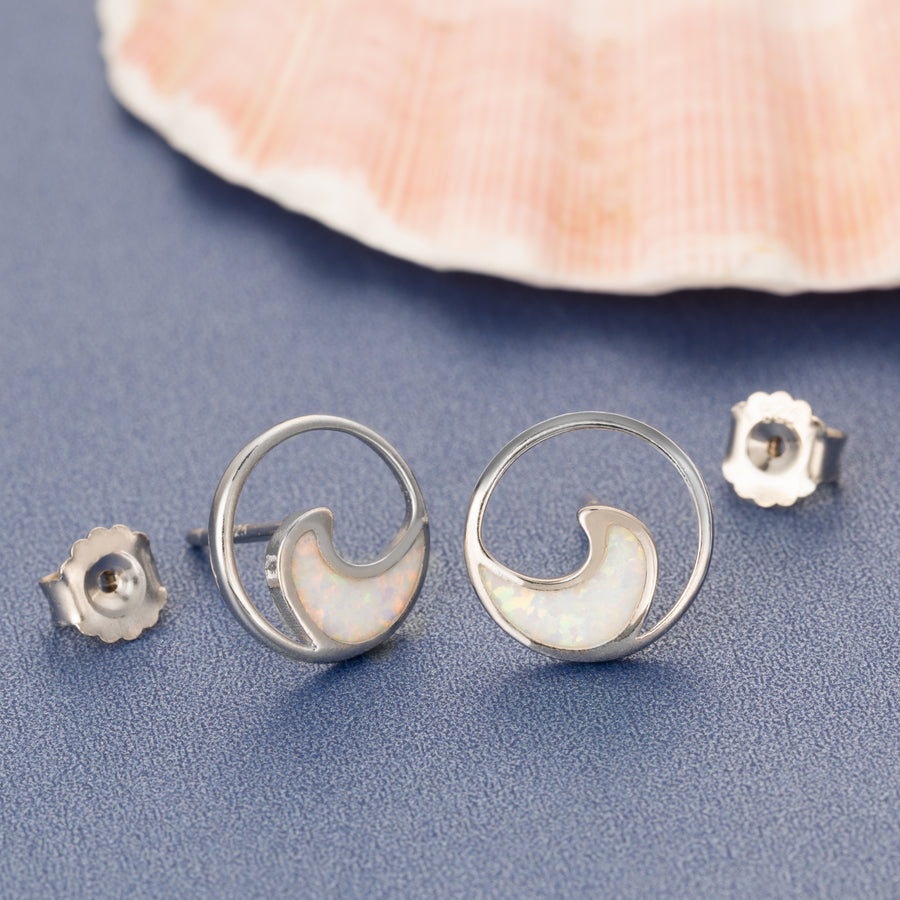 Sterling Silver Opal Circle Ocean Wave Stud Earrings