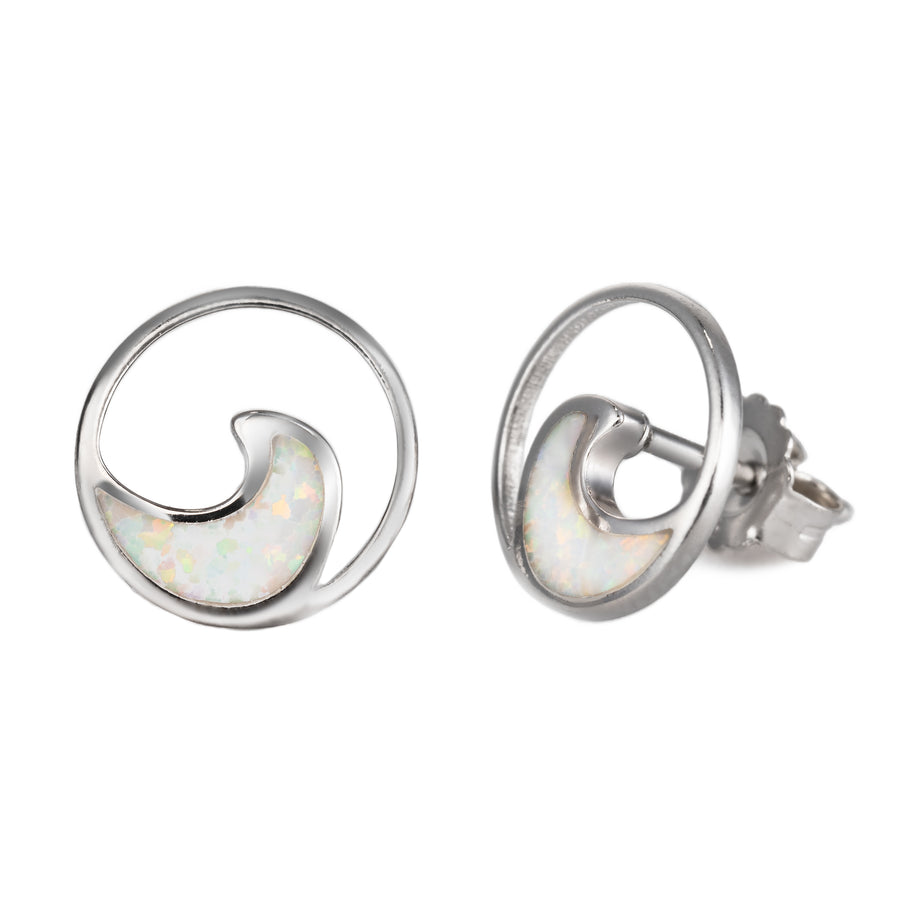 Sterling Silver Opal Circle Ocean Wave Stud Earrings