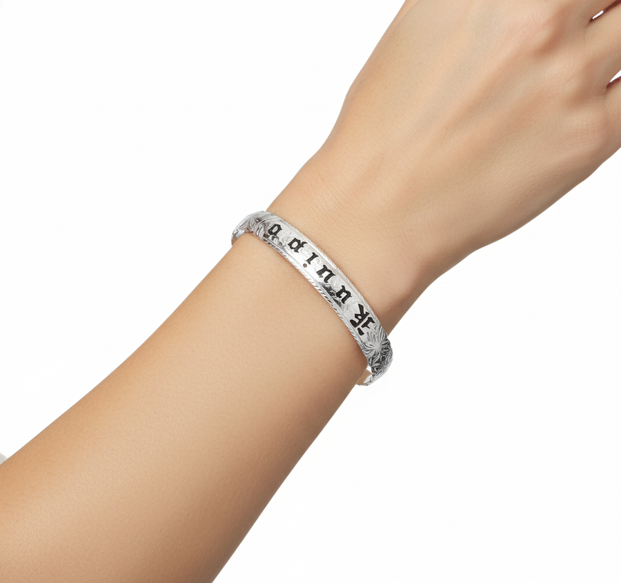 925 Sterling Silver 8mm Hawaiian Heirloom Black Kuuipo Scroll Plumeria Flower Cut Out Bangle