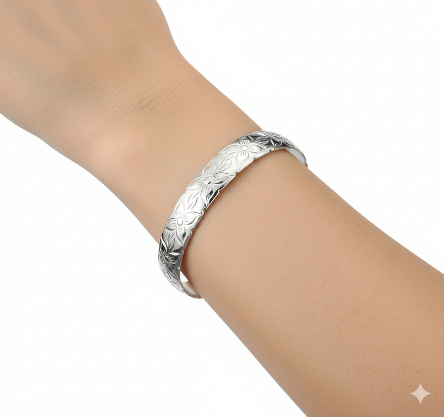 925 Sterling Silver 8mm Hawaiian Heirloom Eternity Plumeria Lei Flower Cut Out Bangle