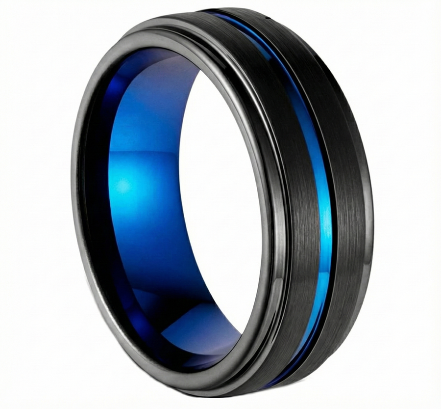 Black Tungsten Carbide Blue Line 8mm Comfort Fit Ring Wedding Band