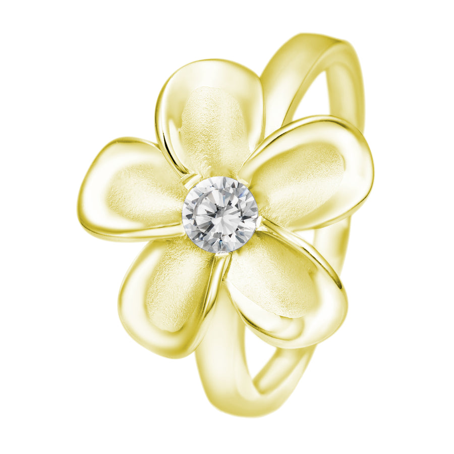 925 Sterling Silver & 14K Gold Plated Plumeria Flower Ring with Cubic Zirconia