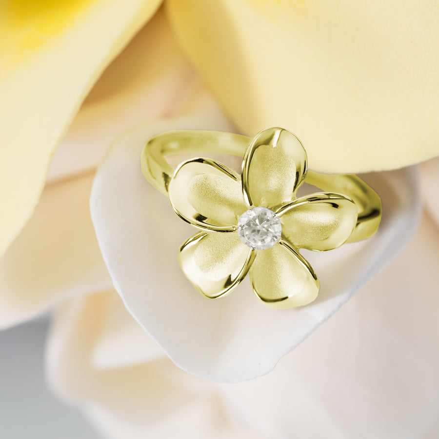 925 Sterling Silver & 14K Gold Plated Plumeria Flower Ring with Cubic Zirconia