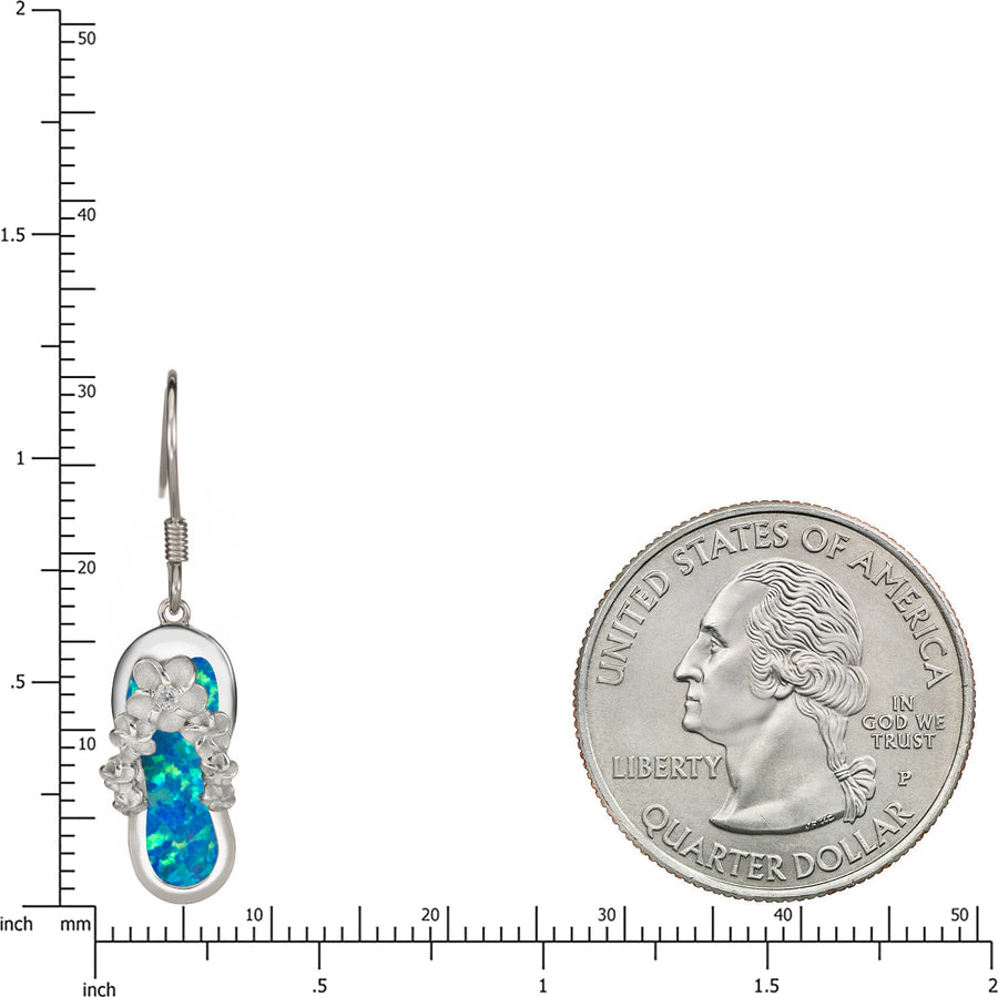 Sterling Silver Blue Opal Plumeria Flower Flip Flop Slipper Dangle Hook Earrings with Cubic Zirconia