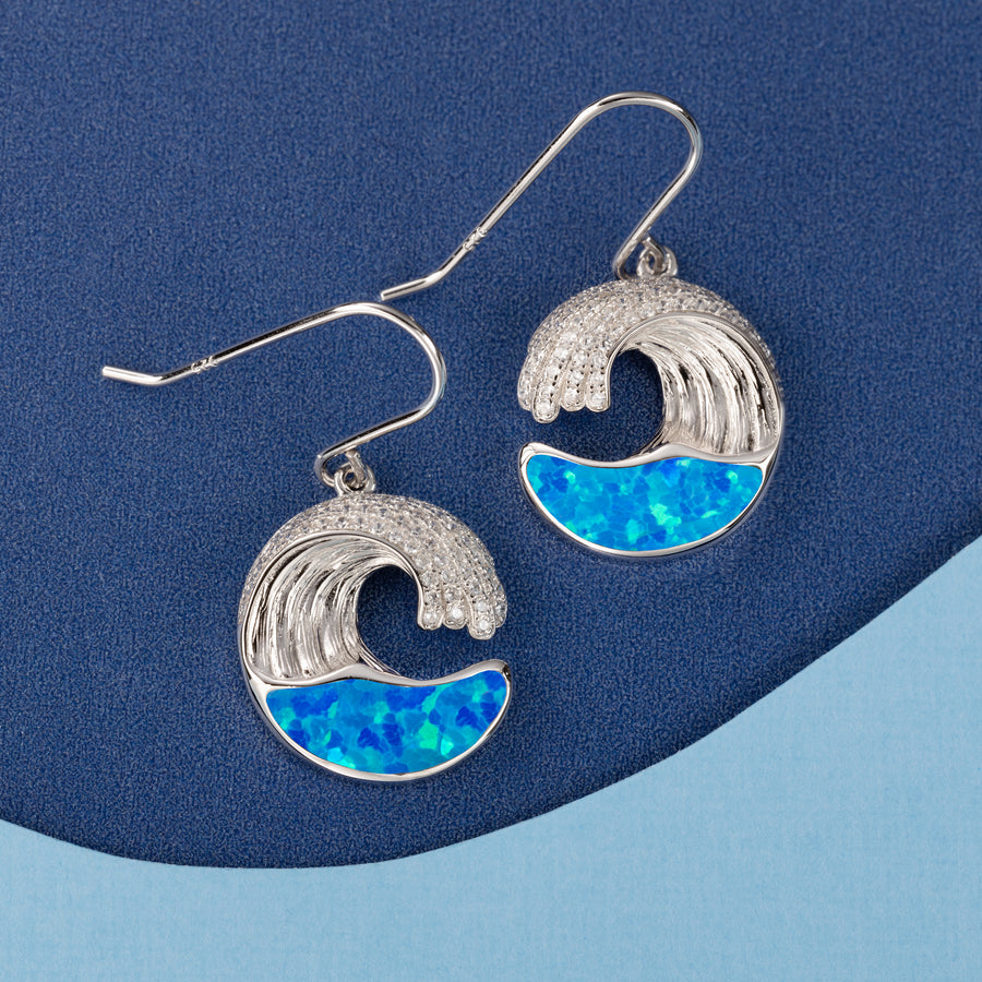 Sterling Silver Blue Opal Wave Dangle Earrings with Cubic Zirconia