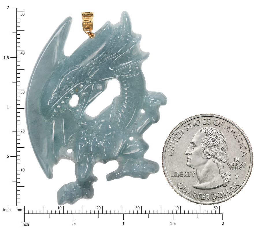 18K Solid Yellow Gold Natural Blue Jade Anime Dragon Pendant