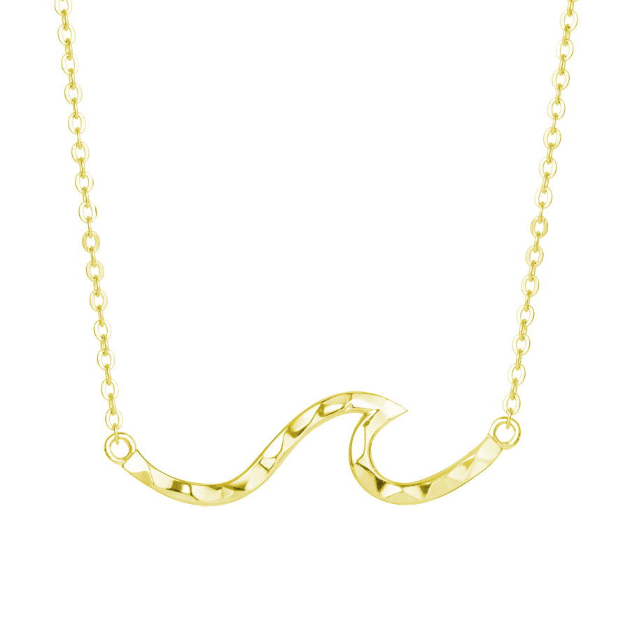 14K Yelllow Gold Plated 925 Sterling Silver Hammered Single Wave Necklace Pendant