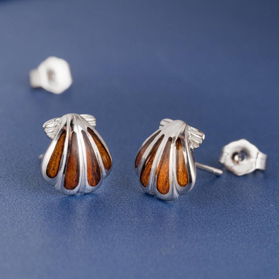 Sterling Silver Natural Koa Wood Sunrise Shell Stud Earrings