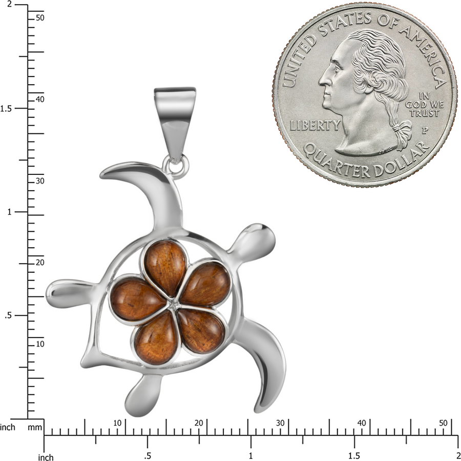 Sterling Silver Natural Koa Wood Turtle with Plumeria Pendant