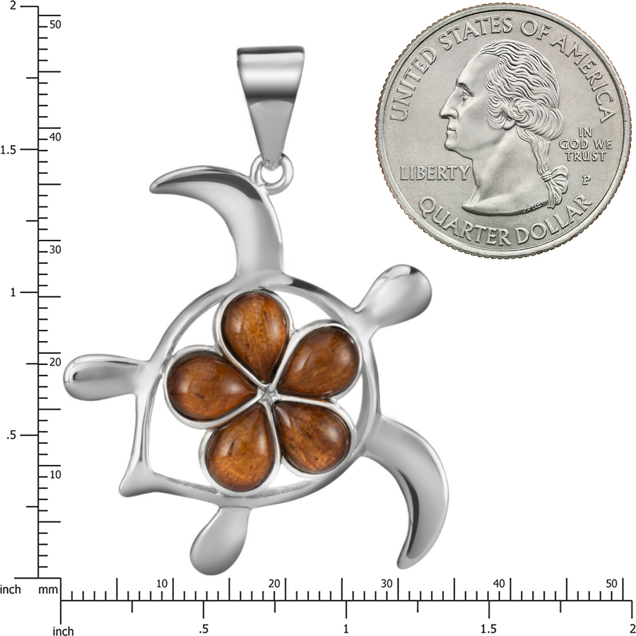 Sterling Silver Natural Koa Wood Turtle with Plumeria Pendant