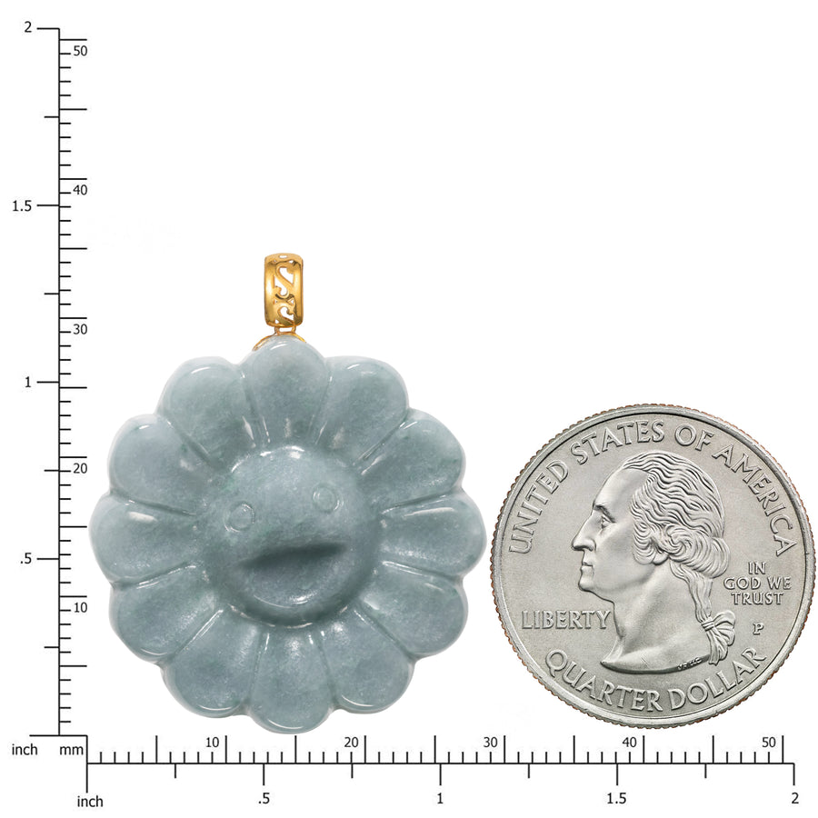 18K Solid Yellow Gold Natural Blue Jade Smiling Flower Pendant