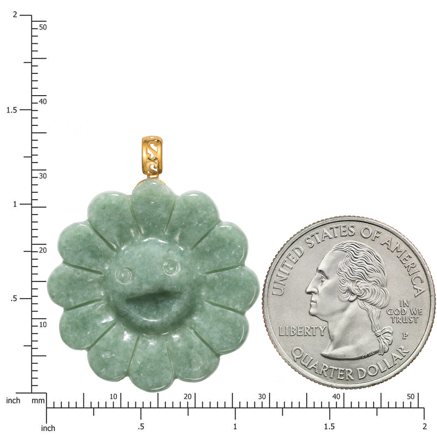 18K Solid Yellow Gold Natural Green Jade Smiling Flower Pendant