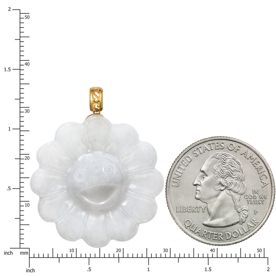 18K Solid Yellow Gold Natural White Jade Smiling Flower Pendant