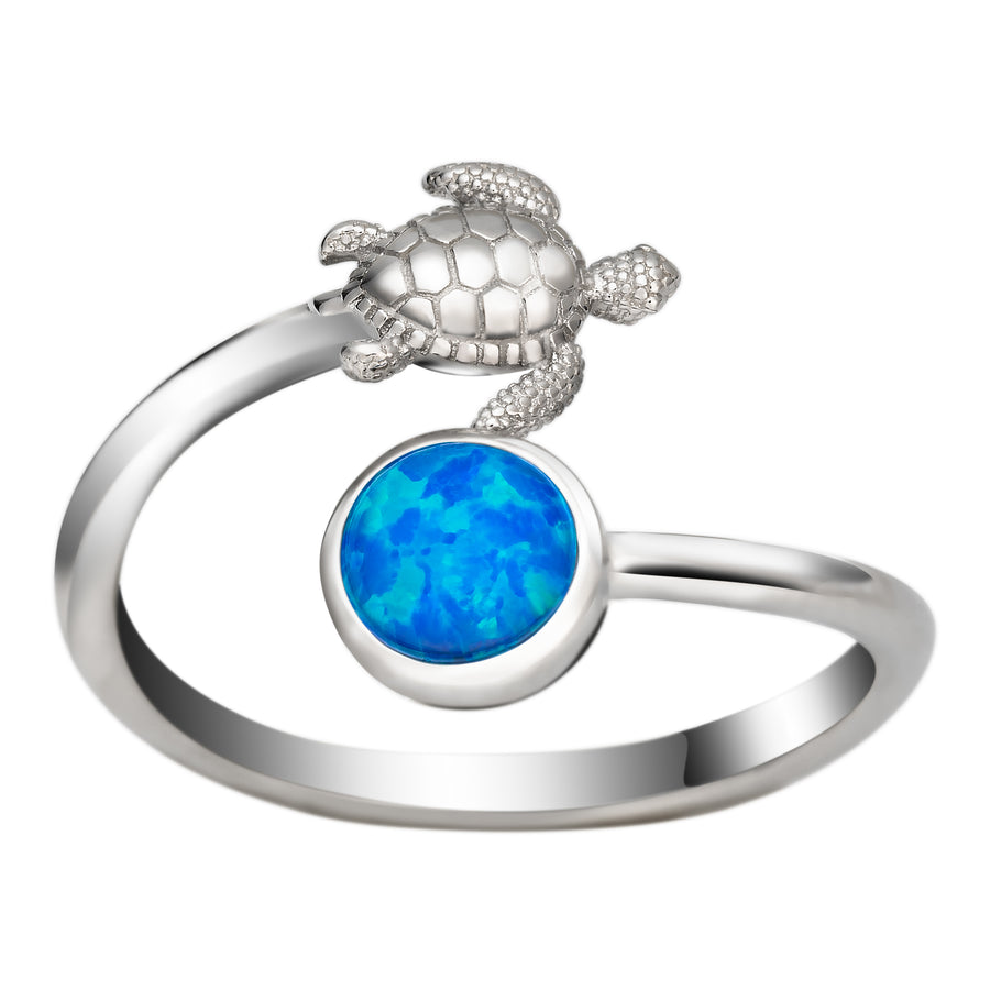 Sterling Silver Blue Opal Turtle and Full Moon Adjustable Bypass Ring