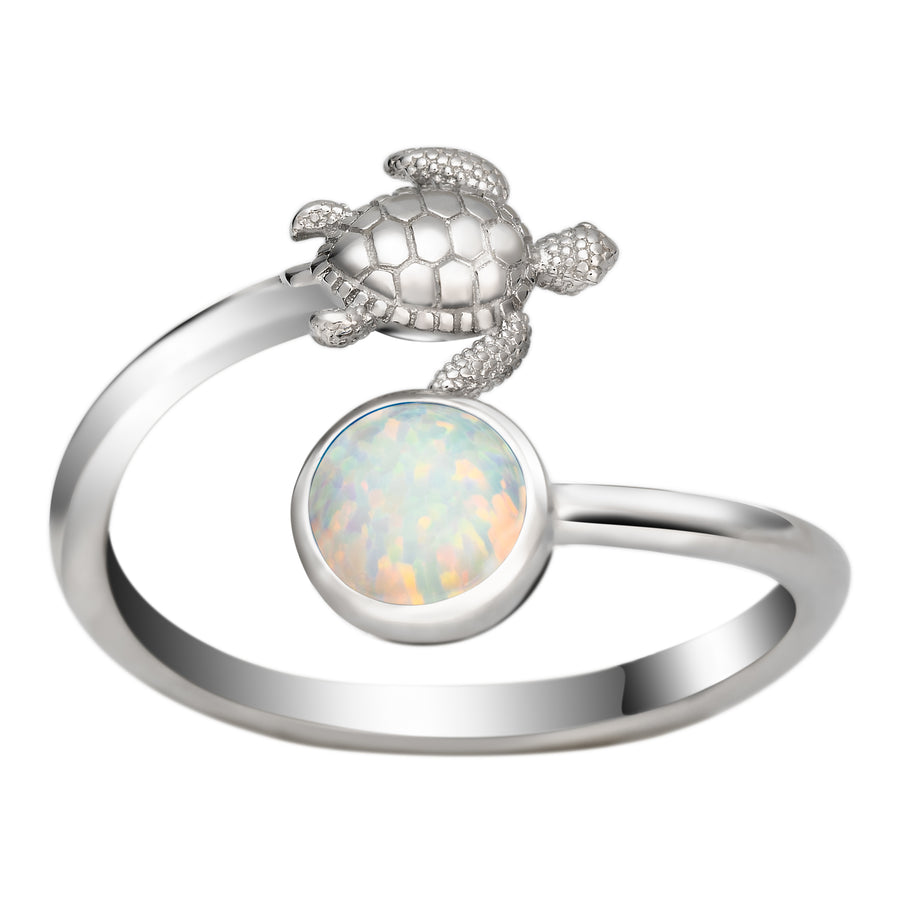 Sterling Silver White Opal Turtle and Full Moon Adjustable Bypass Ring