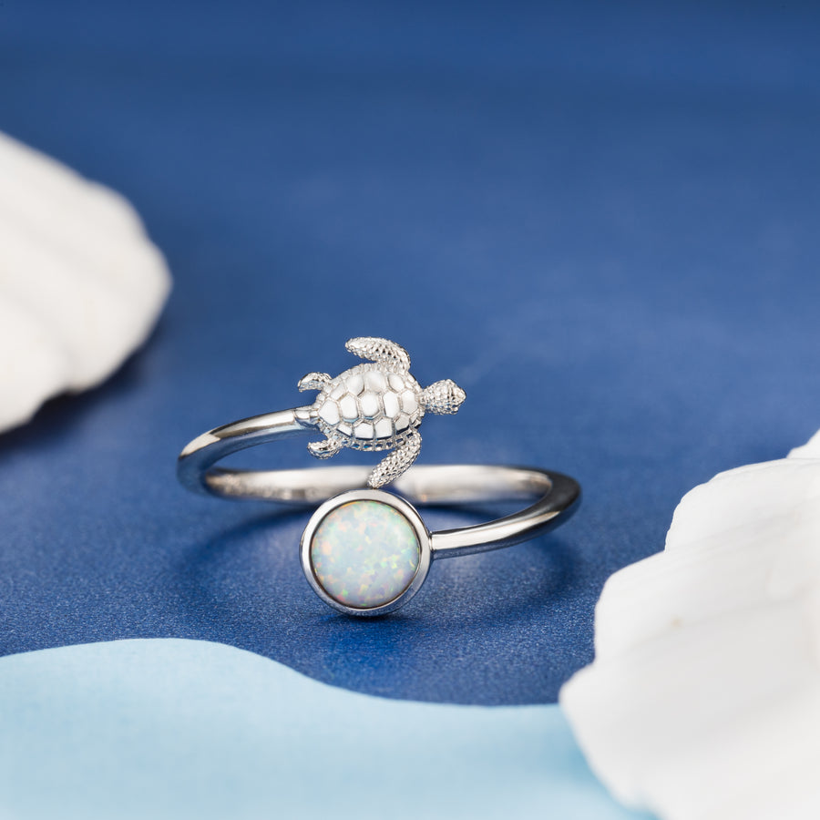 Sterling Silver White Opal Turtle and Full Moon Adjustable Bypass Ring