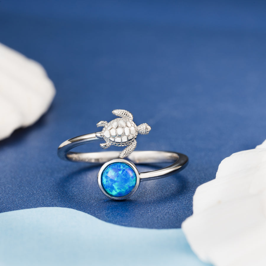 Sterling Silver Blue Opal Turtle and Full Moon Adjustable Bypass Ring