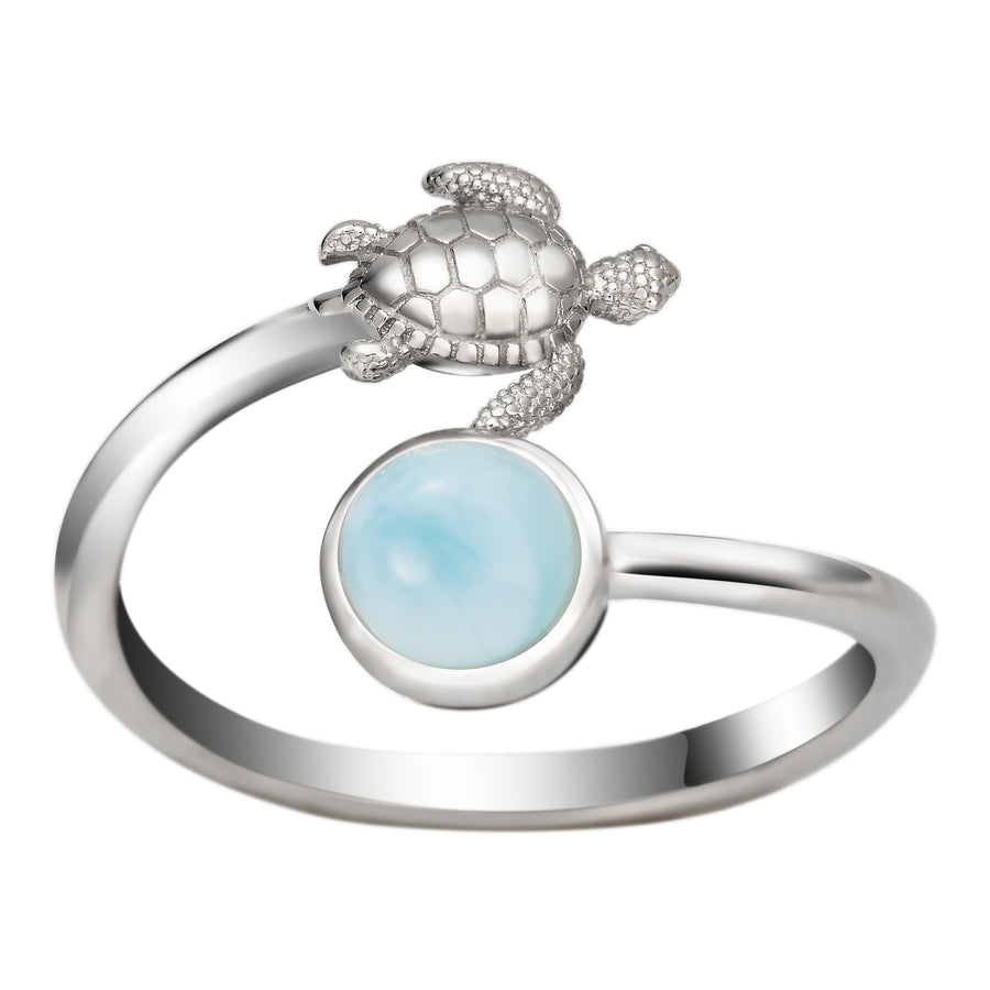 Sterling Silver Larimar Turtle and Full Moon Adjustable Bypass Ring