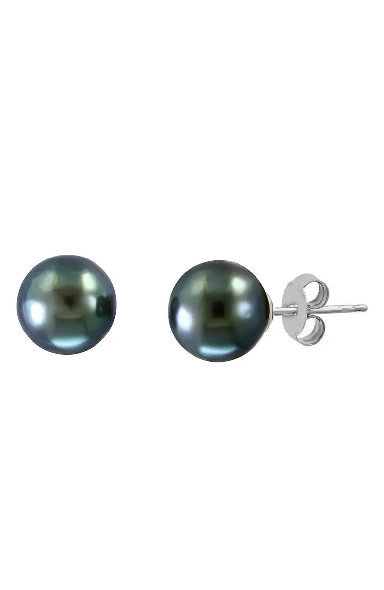 Solid 14K White-Gold Genuine AAA Tahitian Black Pearl Stud Earrings 8mm – 10mm