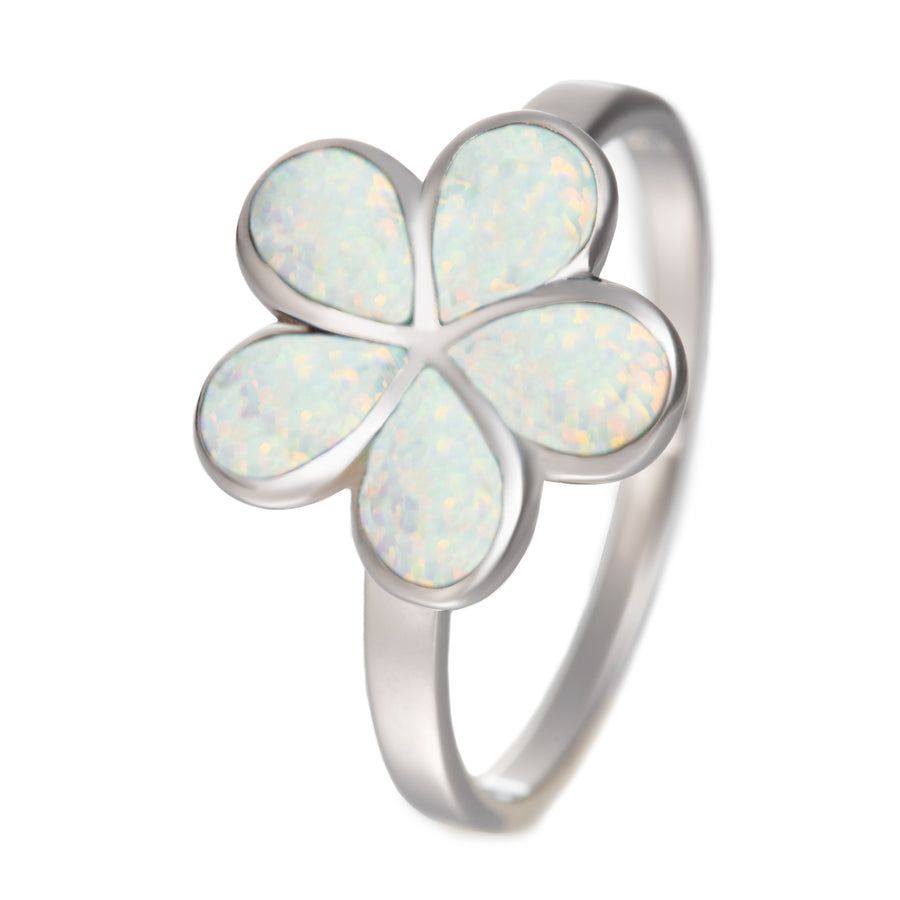 Sterling Silver White Opal Plumeria Flower Ring