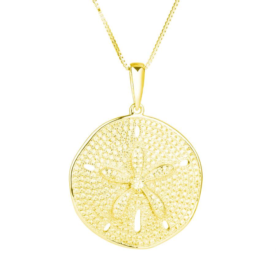 925 Sterling Silver Sand Dollar Topaz Pave Sea Life Charm Necklace Pedant with 18" Box Chain (Luxurious)