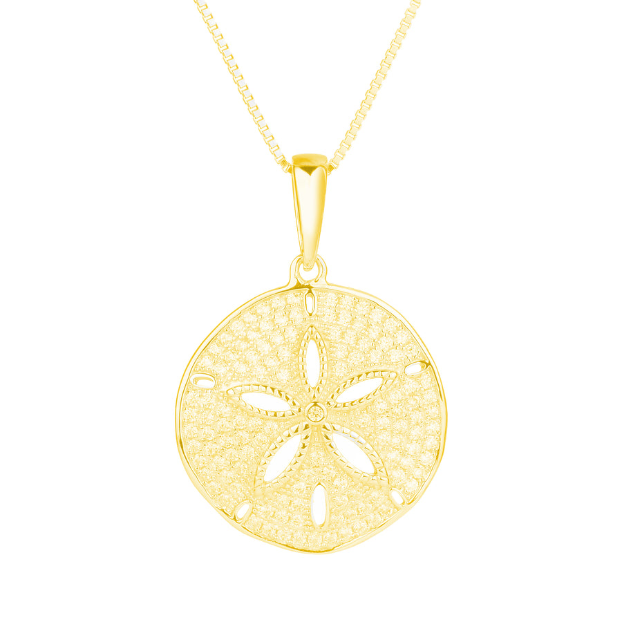 925 Sterling Silver Sand Dollar Topaz Pave Sea Life Charm Necklace Pedant with 18" Box Chain (Classic)