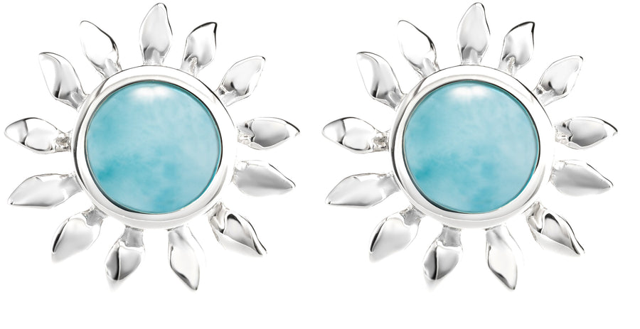 Sterling Silver Natural Larimar Sunflower Stud Earrings