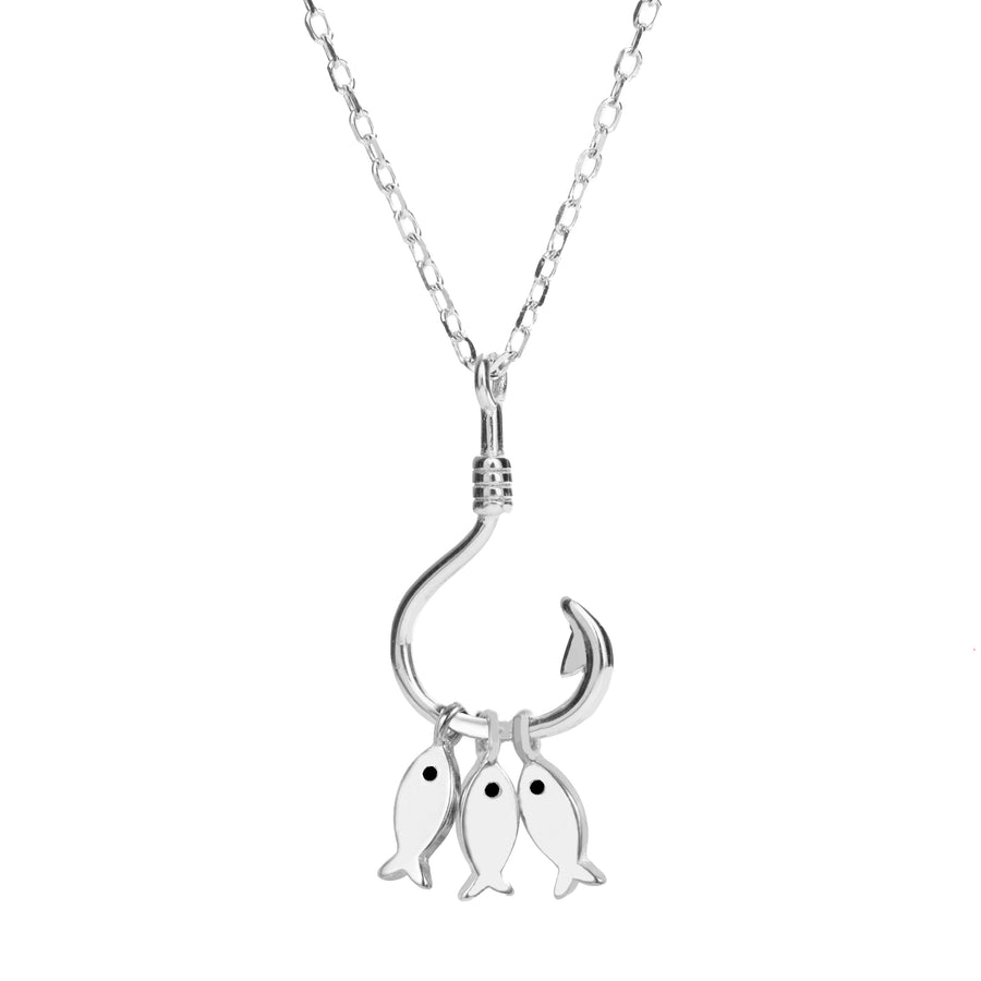 925 Sterling Silver 3 Fish on Hook Necklace Pendant