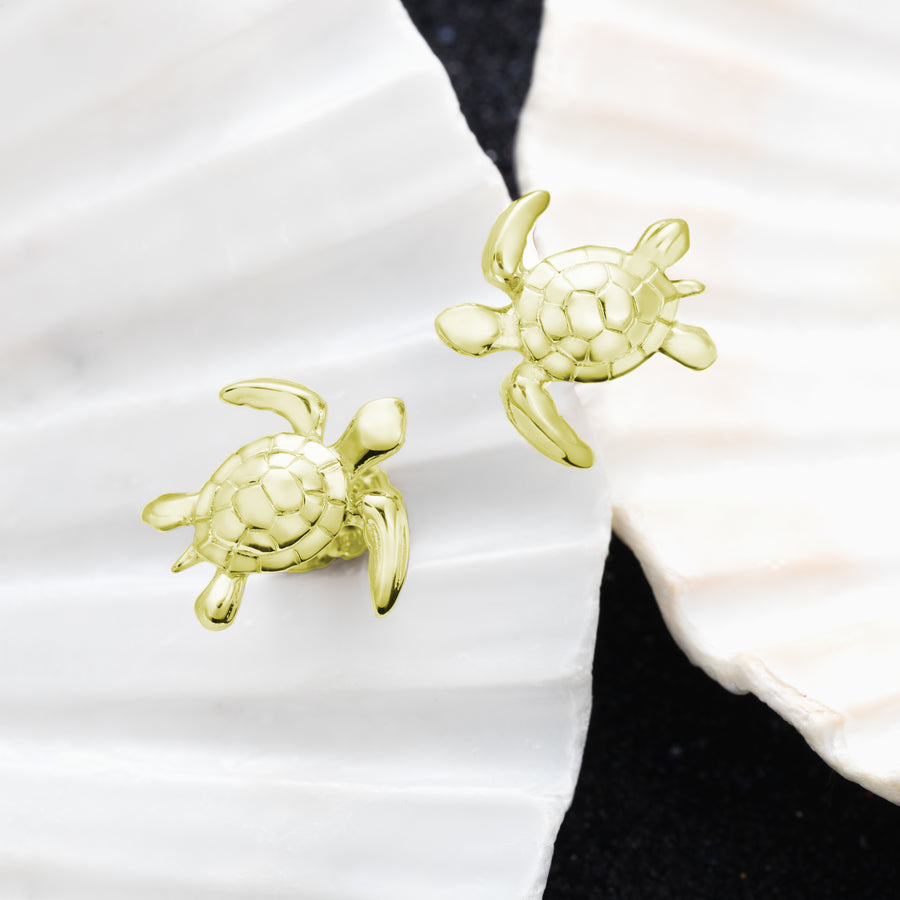 925 Sterling Silver Baby Paia Honu Turtle Stud Earrings (Yellow Gold)