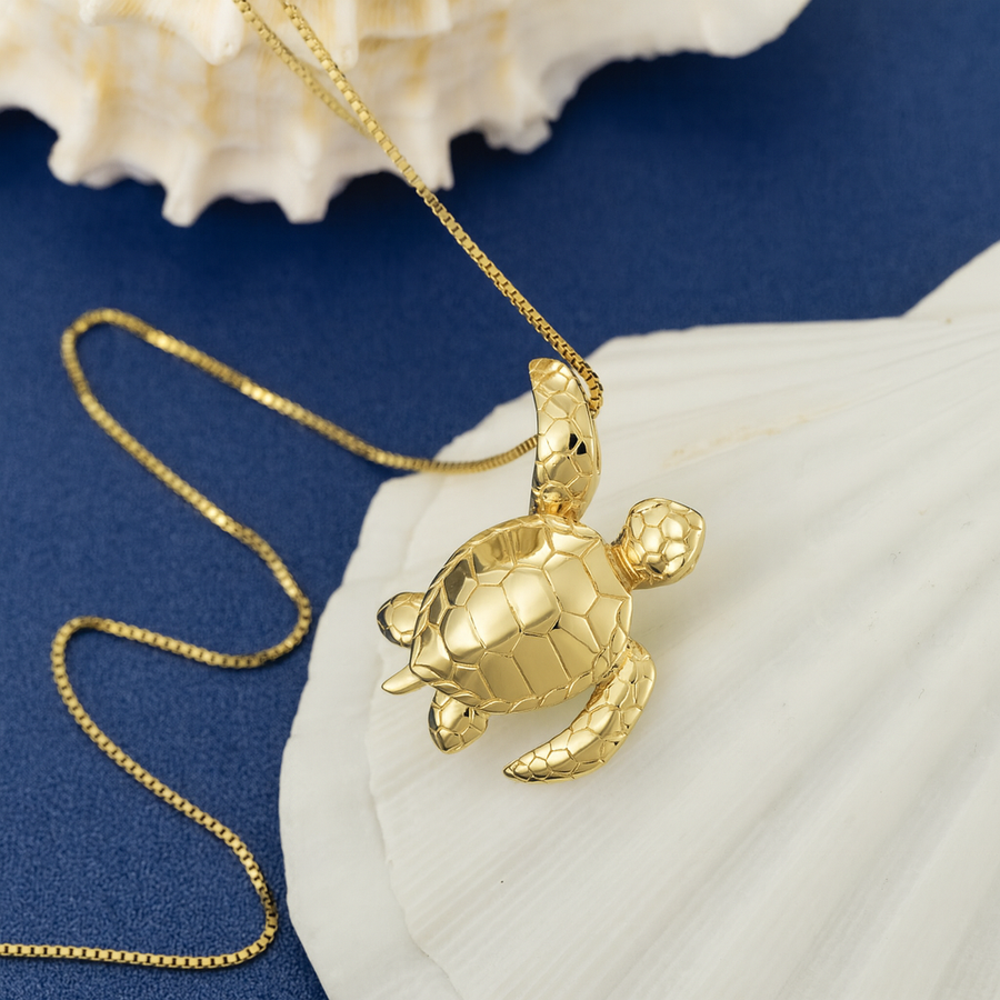 925 Sterling Silver 14K Gold Plated Waving Turtle Honu Pendant (Yellow-Gold)