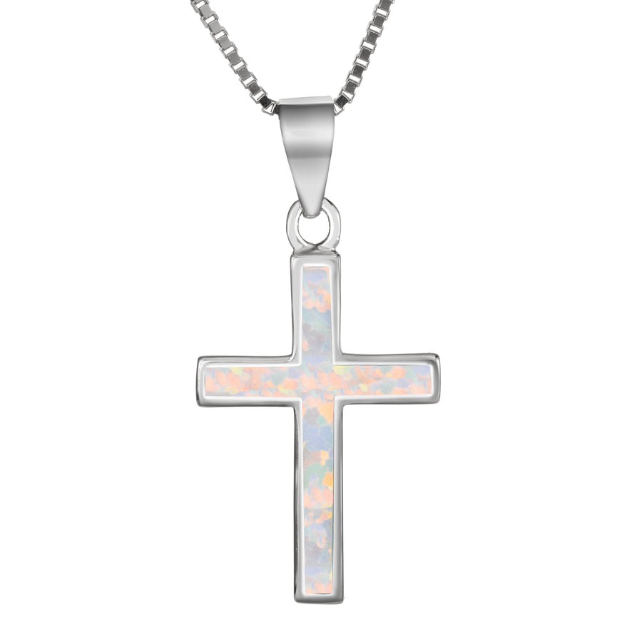 Sterling Silver Opal Traditional Cross Necklace Pendant