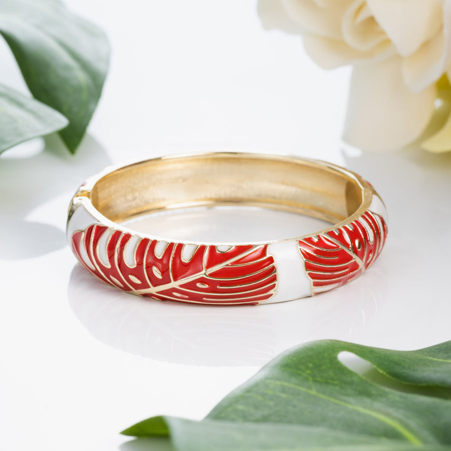 Hawaiian Monstera Luau Leaves Hinged Clasp Fashion Enamel Bangle Bracelet