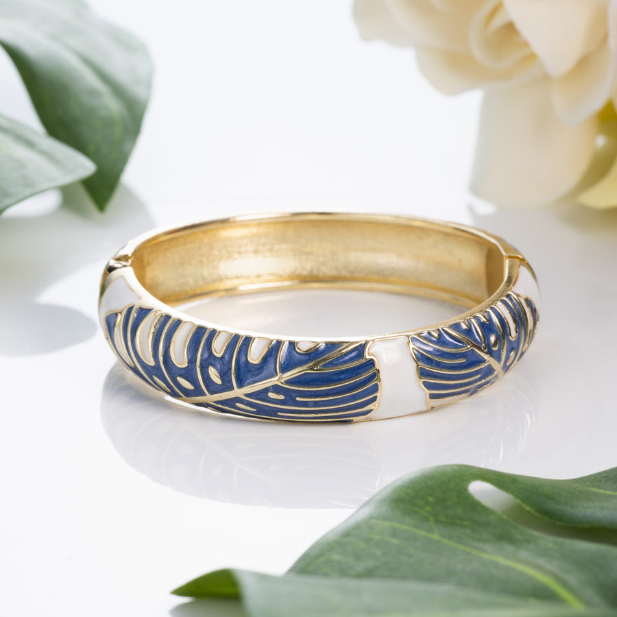 Hawaiian Monstera Luau Leaves Hinged Clasp Fashion Enamel Bangle Bracelet