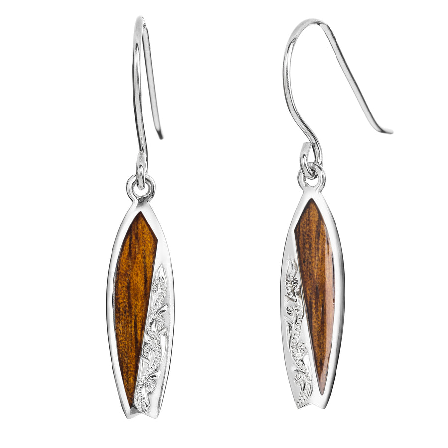 Sterling Silver Koa Wood Surfboard Dangle Hook Earrings