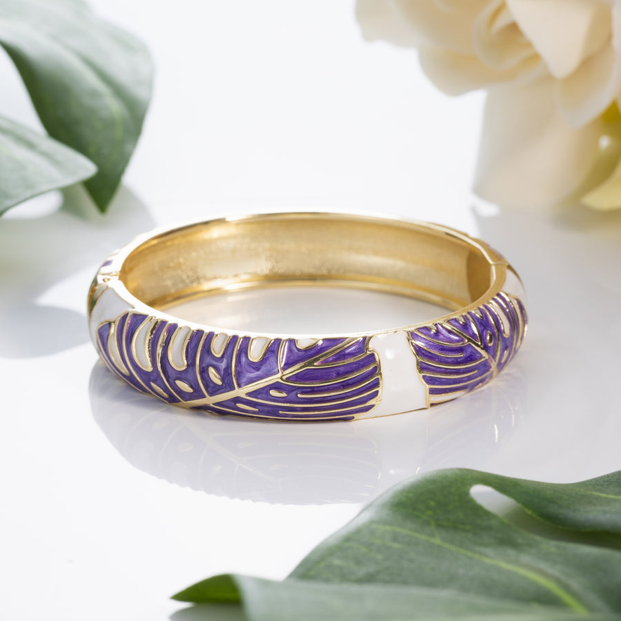 Hawaiian Monstera Luau Leaves Hinged Clasp Fashion Enamel Bangle Bracelet