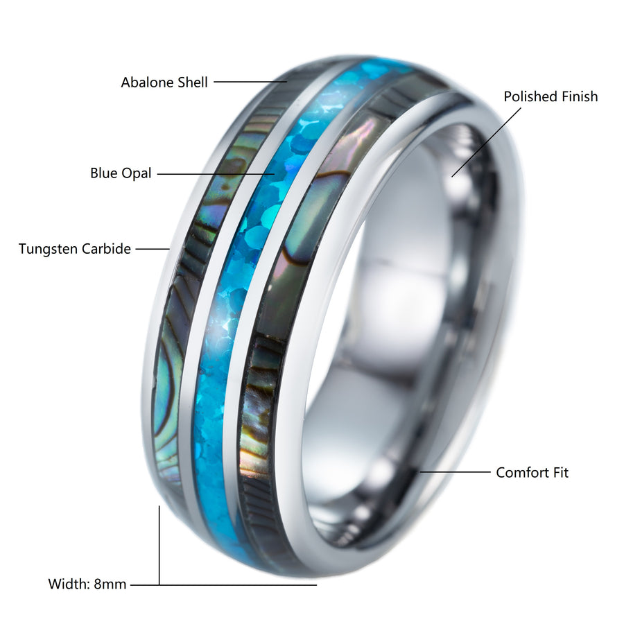 Tungsten Carbide Abalone Shell with Created Blue Opal Inlay 8mm Comfort Fit Ring / Wedding Band