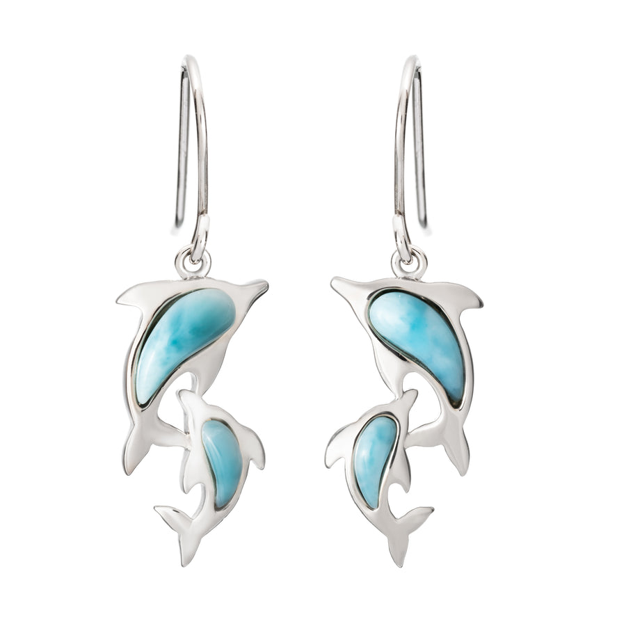 Sterling Silver Natural Larimar Mother & Baby Dolphin Dangle Earrings