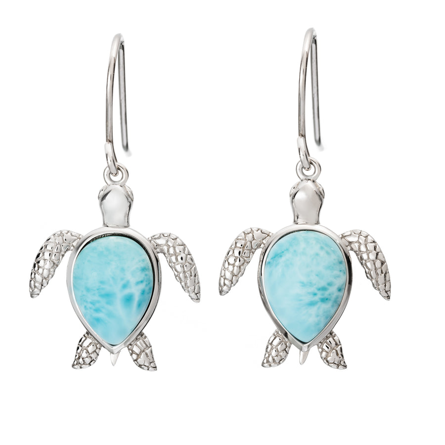 Sterling Silver Natural Larimar Turtle Dangle Hook Earrings