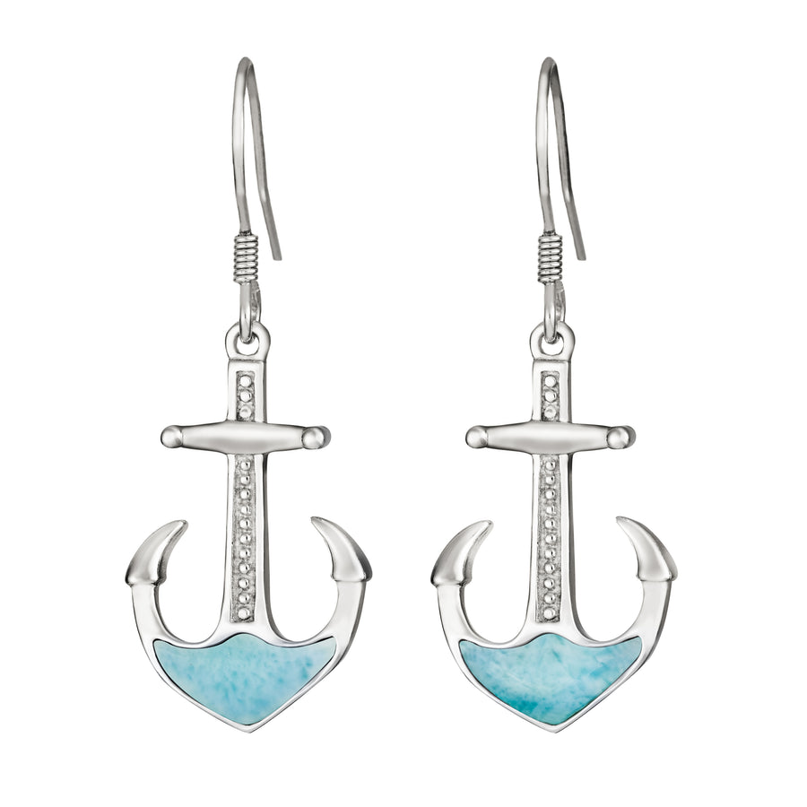 Sterling Silver Natural Larimar Anchor Dangle Earrings