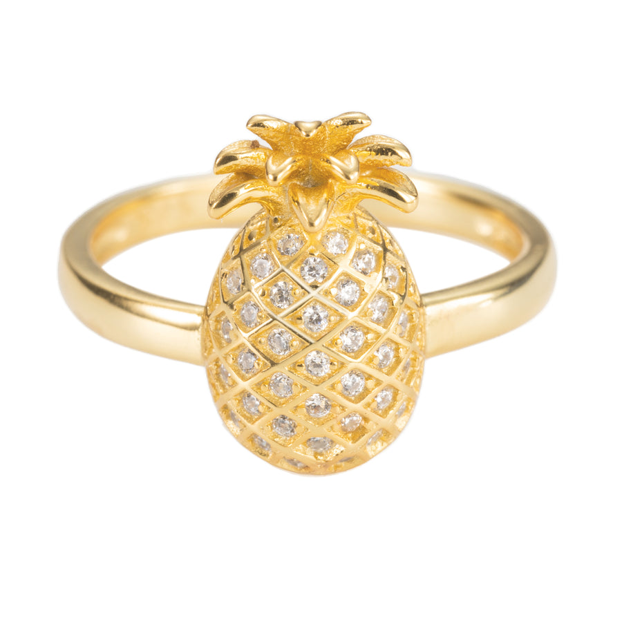 925 Sterling Silver 18K Gold Plated Hawaiian Pineapple Plant Ring Stackable Wedding Band with Cubic Zirconia (Yellow-Gold)