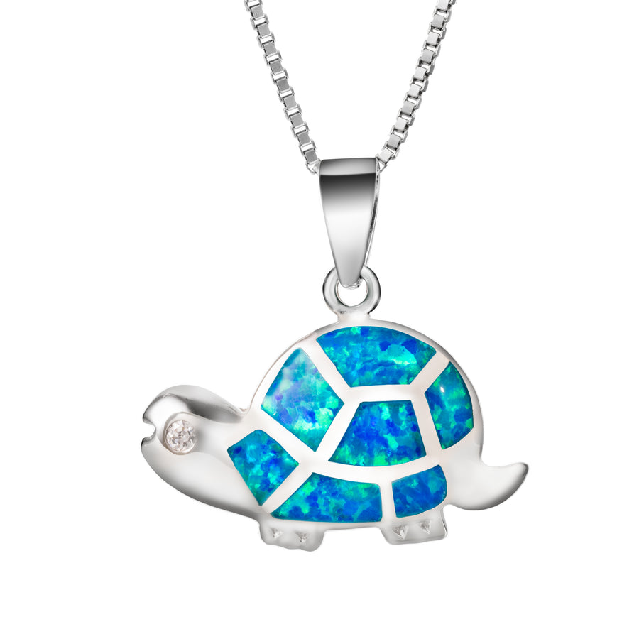 Sterling Silver Created Blue Opal Cute Little Baby Sea Turtle and Cubic Zirconia Necklace Pendant with 18" Box Chain