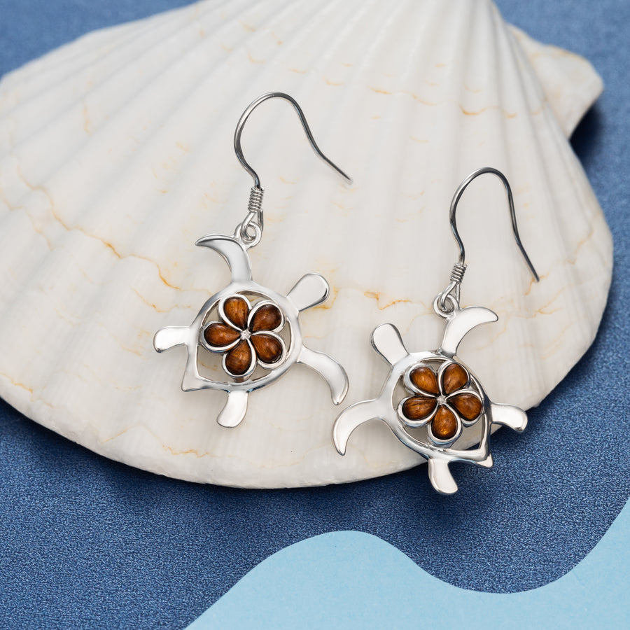 Sterling Silver Koa Wood Turtle with Plumeria Dangle Earrings